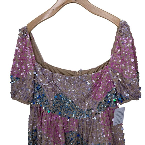 ASOS MAYA DELUXE Puff Sleeve Sequin Mini dress Eras Tour in Pink Blue 4 - Picture 4 of 9
